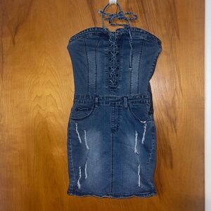 American Bazi Womens Jean Dress Bodycon Mini Distress Laced Grunge Rock